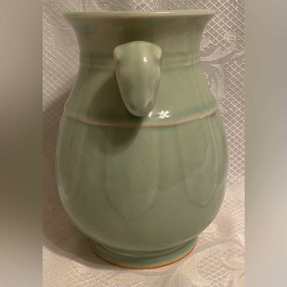Vintage Celadon Green Vase with Rams Head Handles - Picture 2 of 5